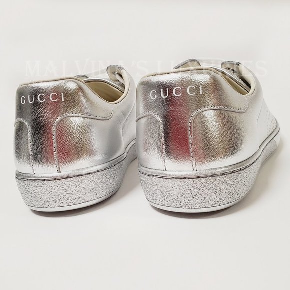 GUCCI SNEAKERS NEW ACE SILVER LEATHER INTERLOCKING G LOGO SHOES 7.5G 8 US - Picture 8 of 14